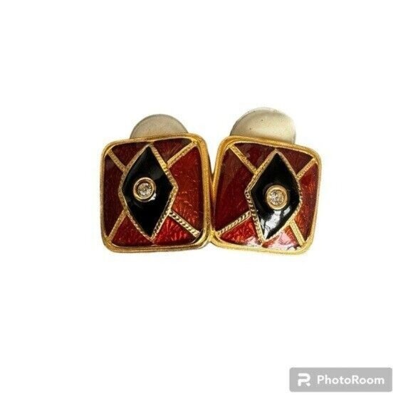The MET Russian Imperial 14k Gold Overlay Enamel Swarovski Clip Earrings Faberge